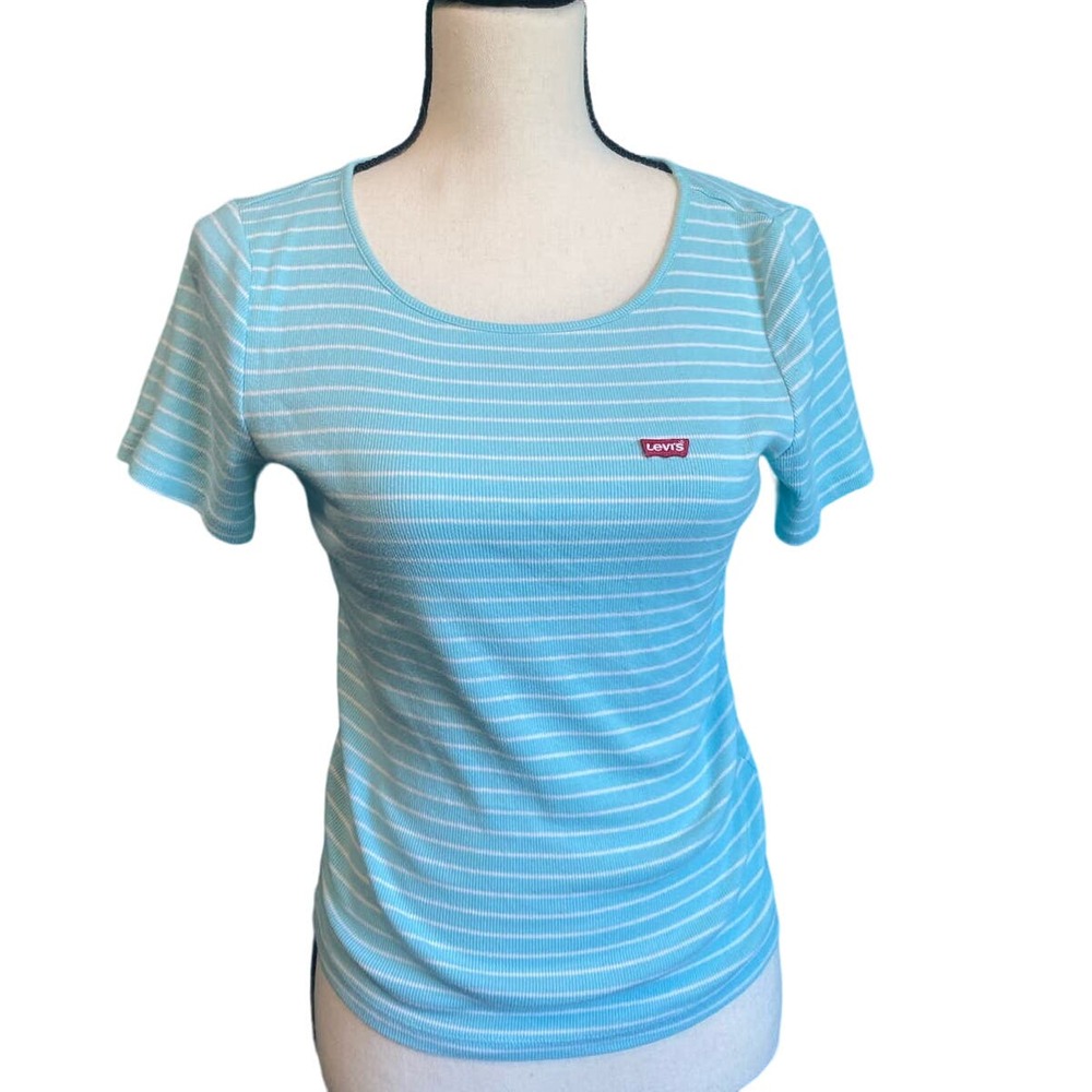 Levi’s Blue & White Stripe Ribbed Short Sleeve Shirt Women's Medium